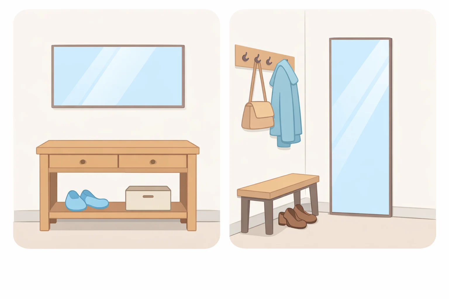 Comparison illustration of small entryway mirror ideas showing a wall-hung mirror sized to a console table and a tall slim full-length mirror for a narrow passage