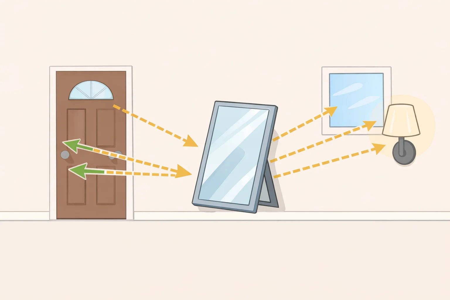 Diagram of small entry mirror placement showing a mirror angled toward the front door and positioned to reflect a window or wall sconce for added depth and brightness
