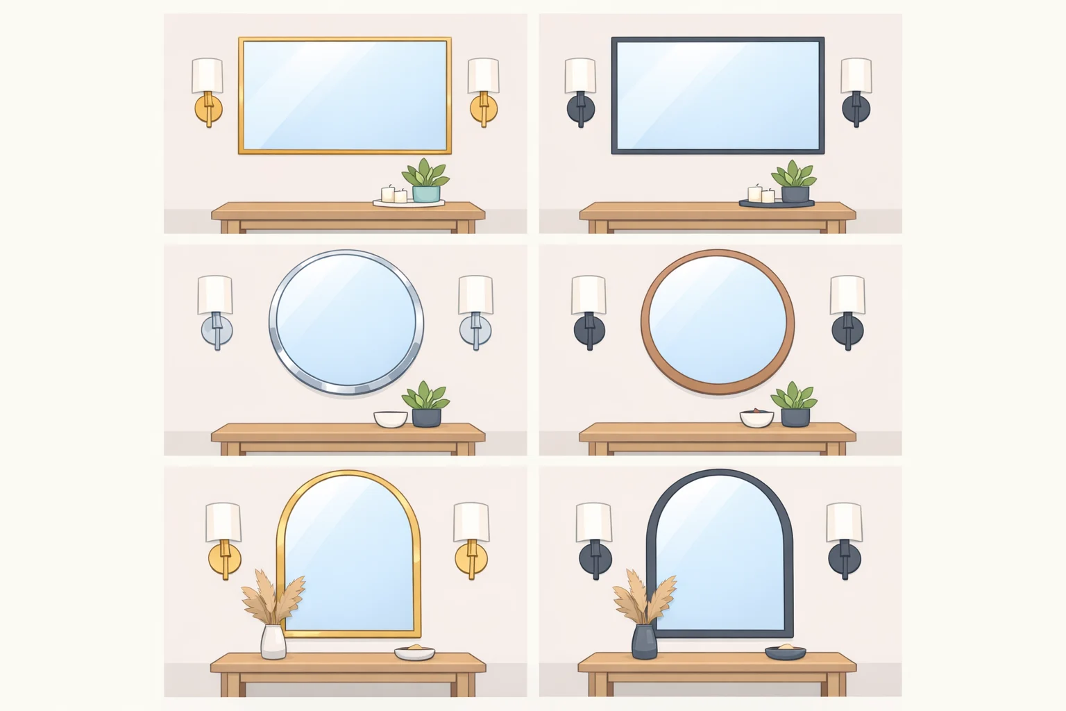 Illustration comparing rectangular, round/oval, and arched entryway mirrors with metallic chrome or brass frames versus matte black frames to show their different brightness effects