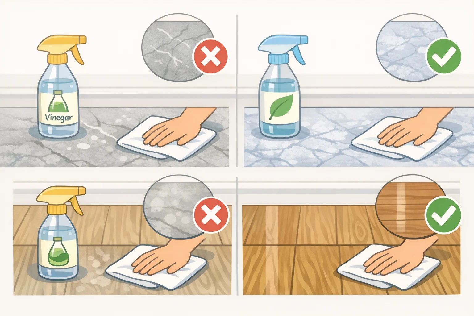 Comparison image showing vinegar etching marble or limestone countertops, dulling sealed granite, and damaging hardwood finishes versus using pH-neutral stone and hardwood cleaners—helping debunk cleaning myths you should stop believing about vinegar as an all-purpose cleaner.