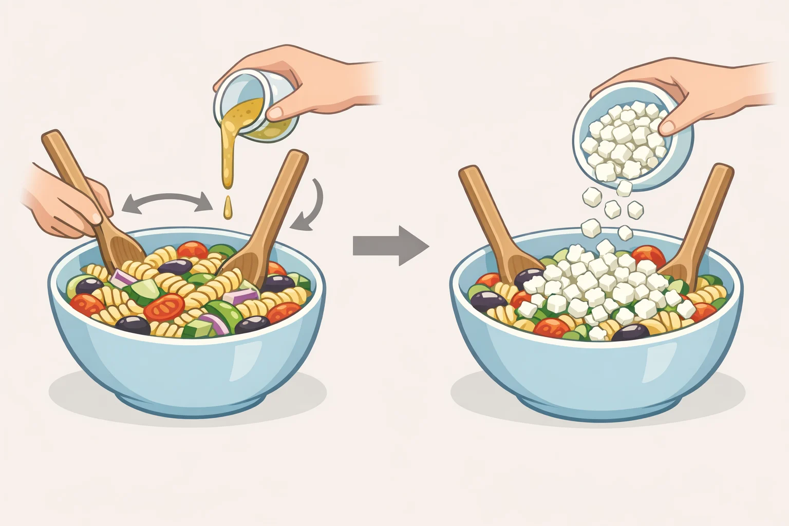 Large mixing bowl where cooled pasta is tossed with reserved dressing and feta is folded in last to keep distinct crumbles before serving