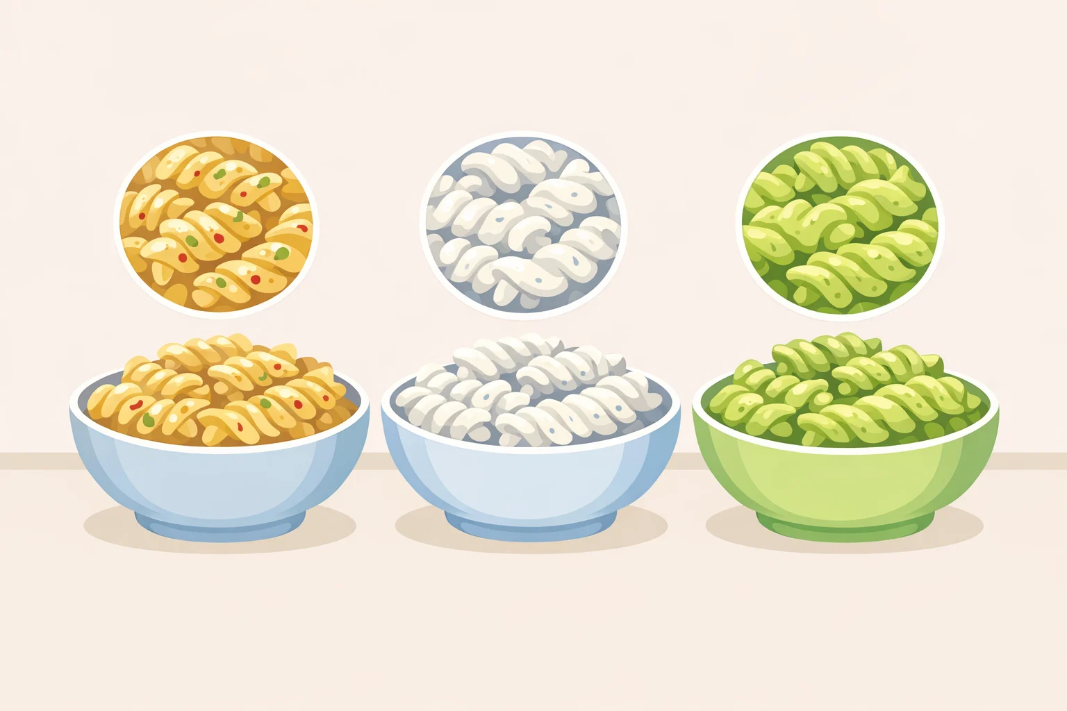 Side-by-side visual comparison of pasta salad dressing textures: vinaigrette with crumbled feta pockets, Greek yogurt-dill coating-style creaminess, and blended avocado coating for a mayo-free creamy pasta salad without mayo