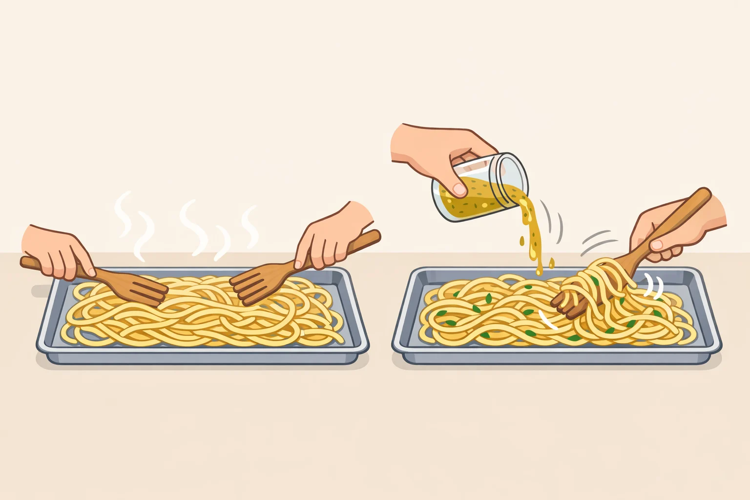 Warm pasta drained from a pot and immediately tossed with vinaigrette on a rimmed baking sheet, spread flat for cooling before assembly
