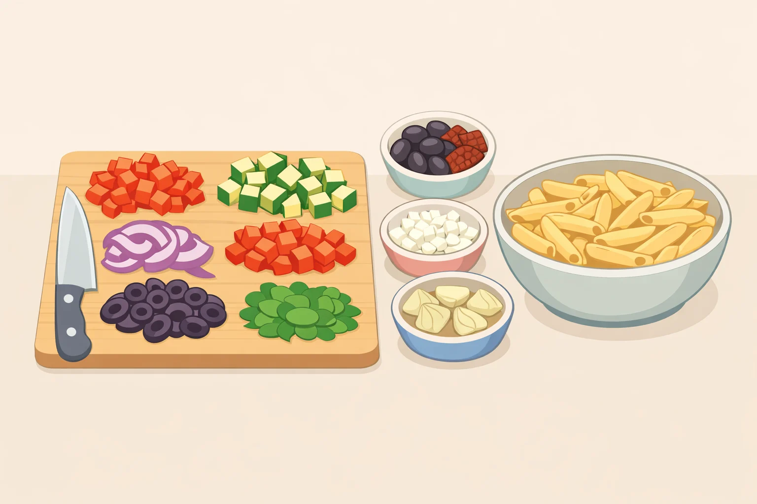 Chopped cherry tomatoes, cucumbers, olives, pepperoncini, pickled red onions, and fresh dill arranged for combining in a Greek pasta salad
