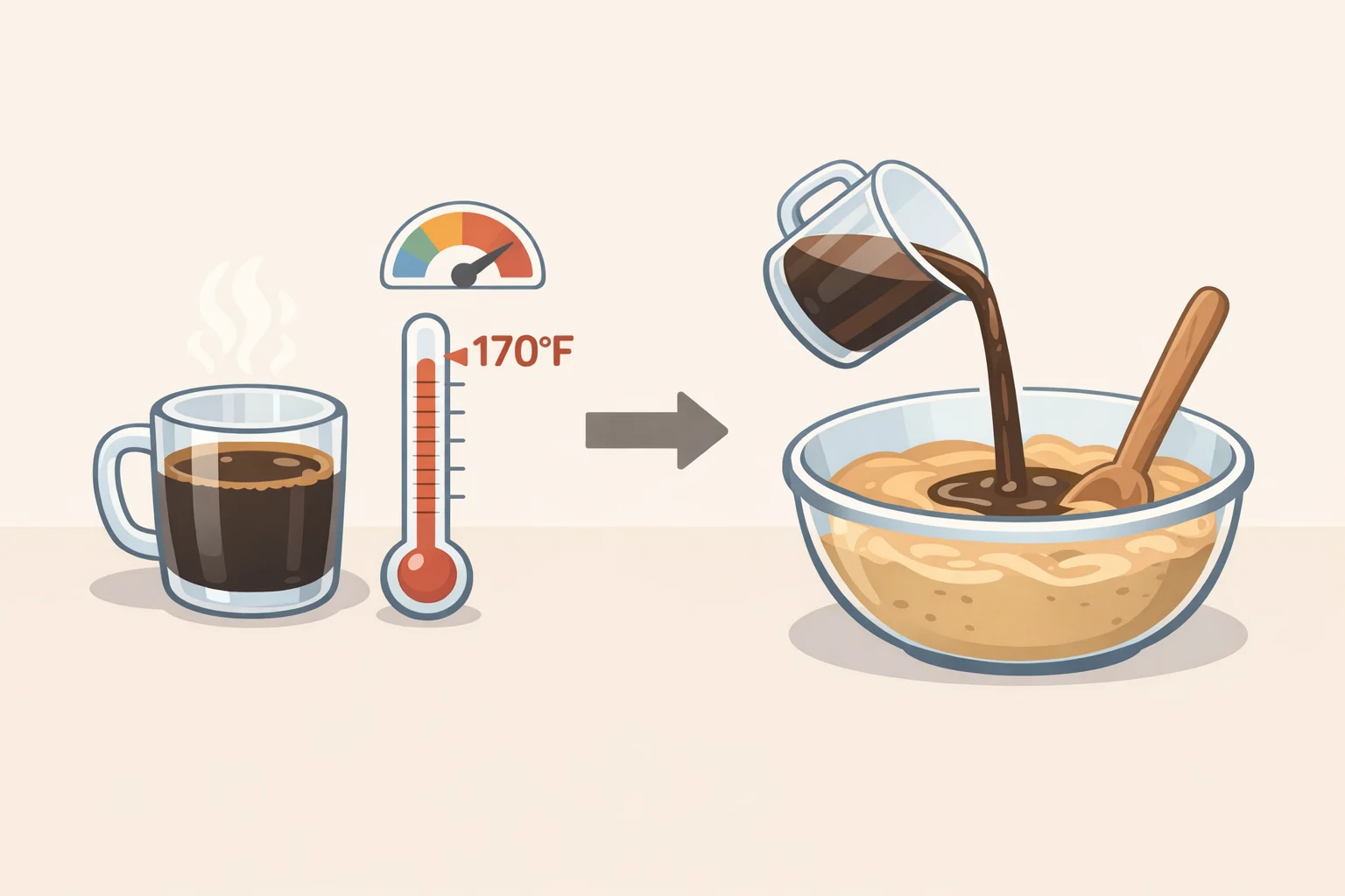 Infographic of replacing water with double-strength black coffee, cooling to 170°F (77°C), and mixing into chocolate cake batter for deep chocolate flavor best cocoa powder for chocolate cake included