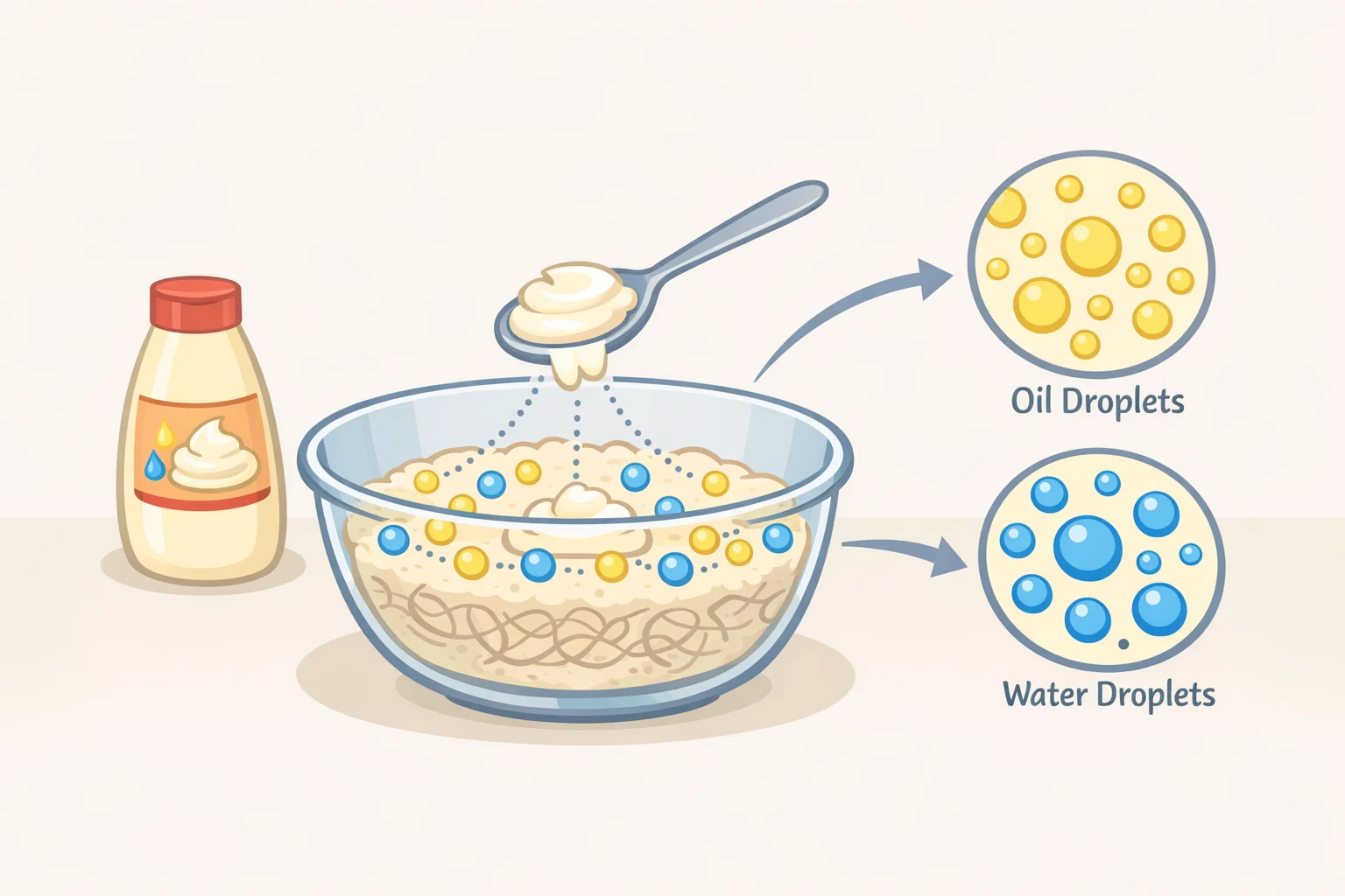 Diagram of full-fat mayonnaise as an emulsion in chocolate cake batter, showing oil and water evenly coating flour for a tender, fudgy crumb