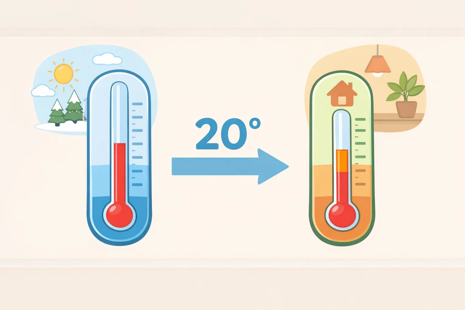 Illustration of what is the 20-degree rule for air conditioners: outdoor air at 100°F with the AC maintaining indoor air near 80°F