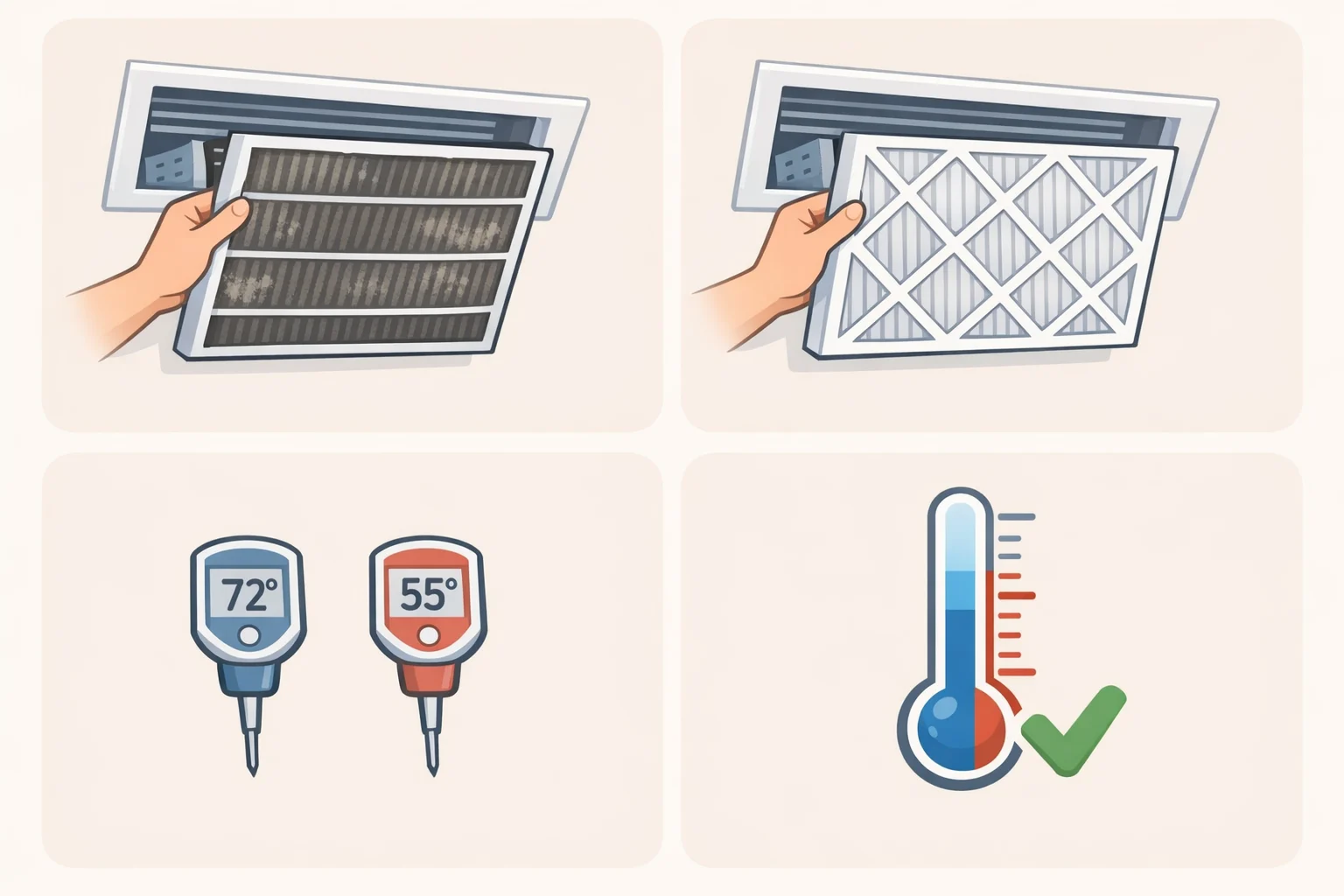 Illustration of an HVAC air handler with the filter slot open as a homeowner replaces the AC filter prior to measuring delta-T again
