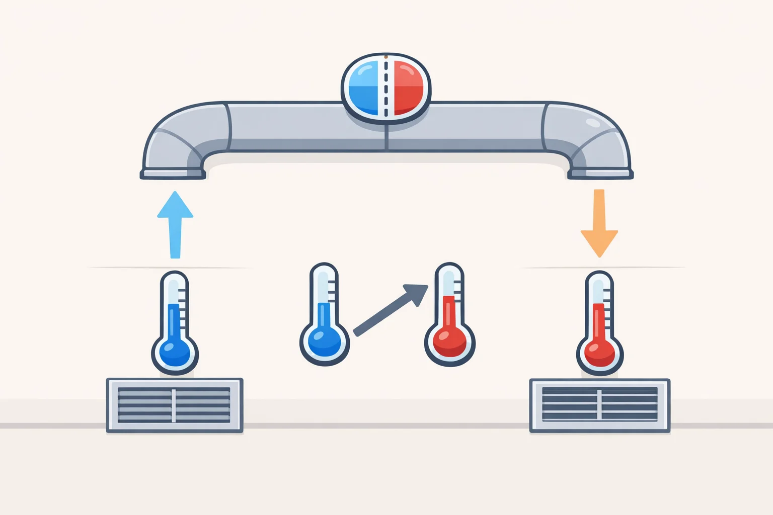 Diagram showing return vent air temperature and supply vent air temperature with a highlighted delta-T temperature split