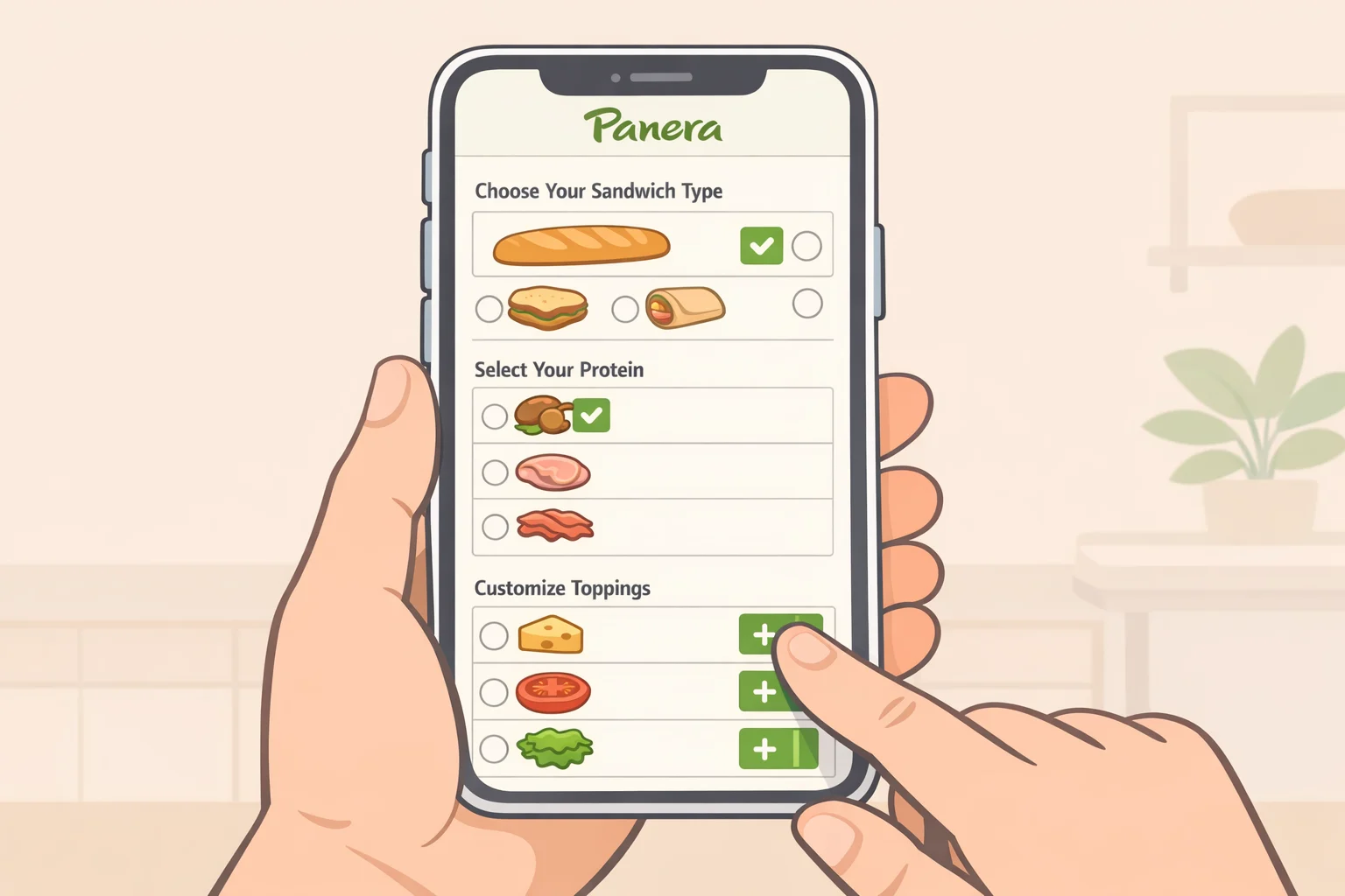 Phone screen showing a Panera app where a customer selects a base item and specific modifications instead of requesting a vague hack name