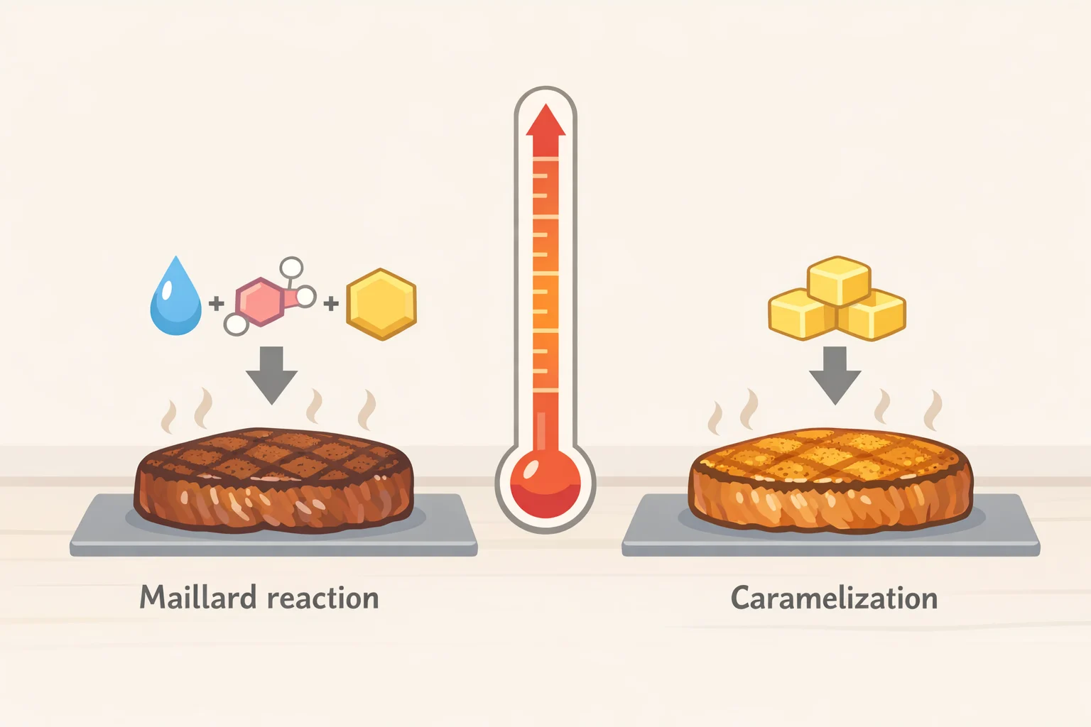 Diagram of a steak surface showing Maillard reaction producing savory compounds and sugar caramelization producing rich brown color, explaining how sugar in steak marinade boosts browning