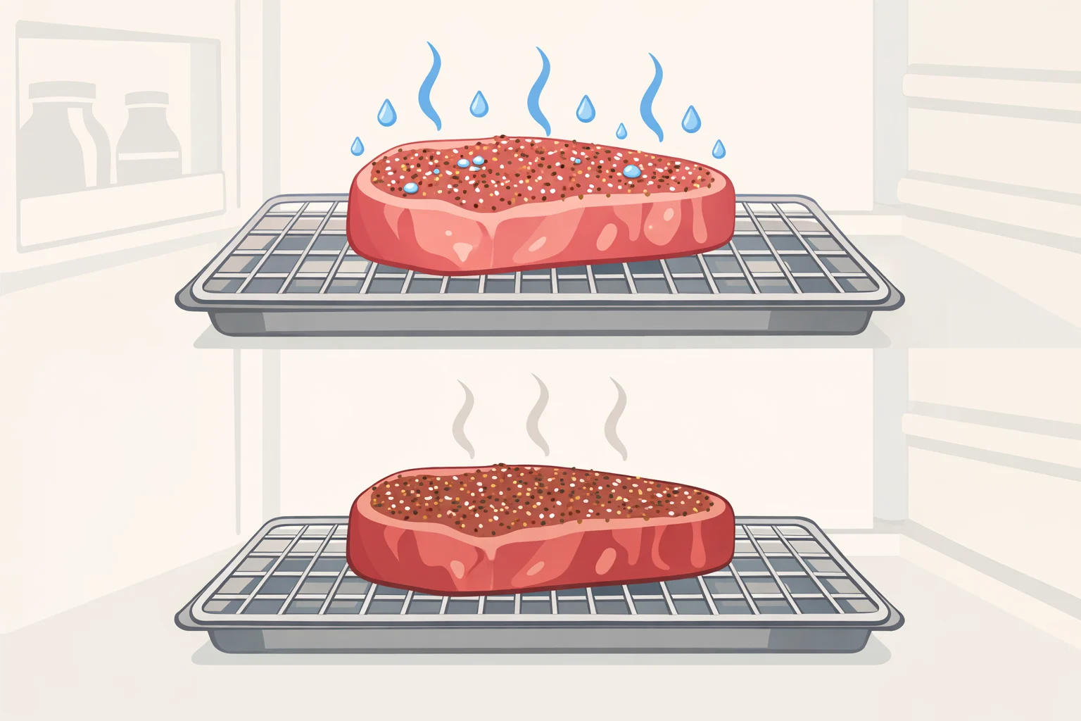 Photograph-style illustration of a wire rack over a rimmed baking sheet holding a sugar-and-salt coated steak, uncovered in the refrigerator during the recommended rest