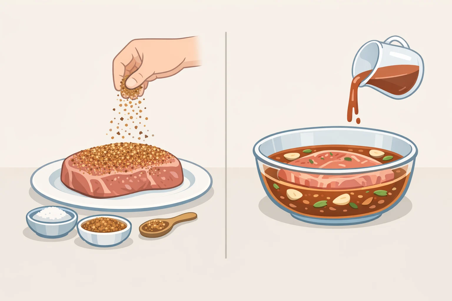 Split-panel image showing equal-parts sugar and kosher salt sprinkled and rested on a steak compared with a steak partially submerged in a liquid marinade containing a controlled amount of sugar