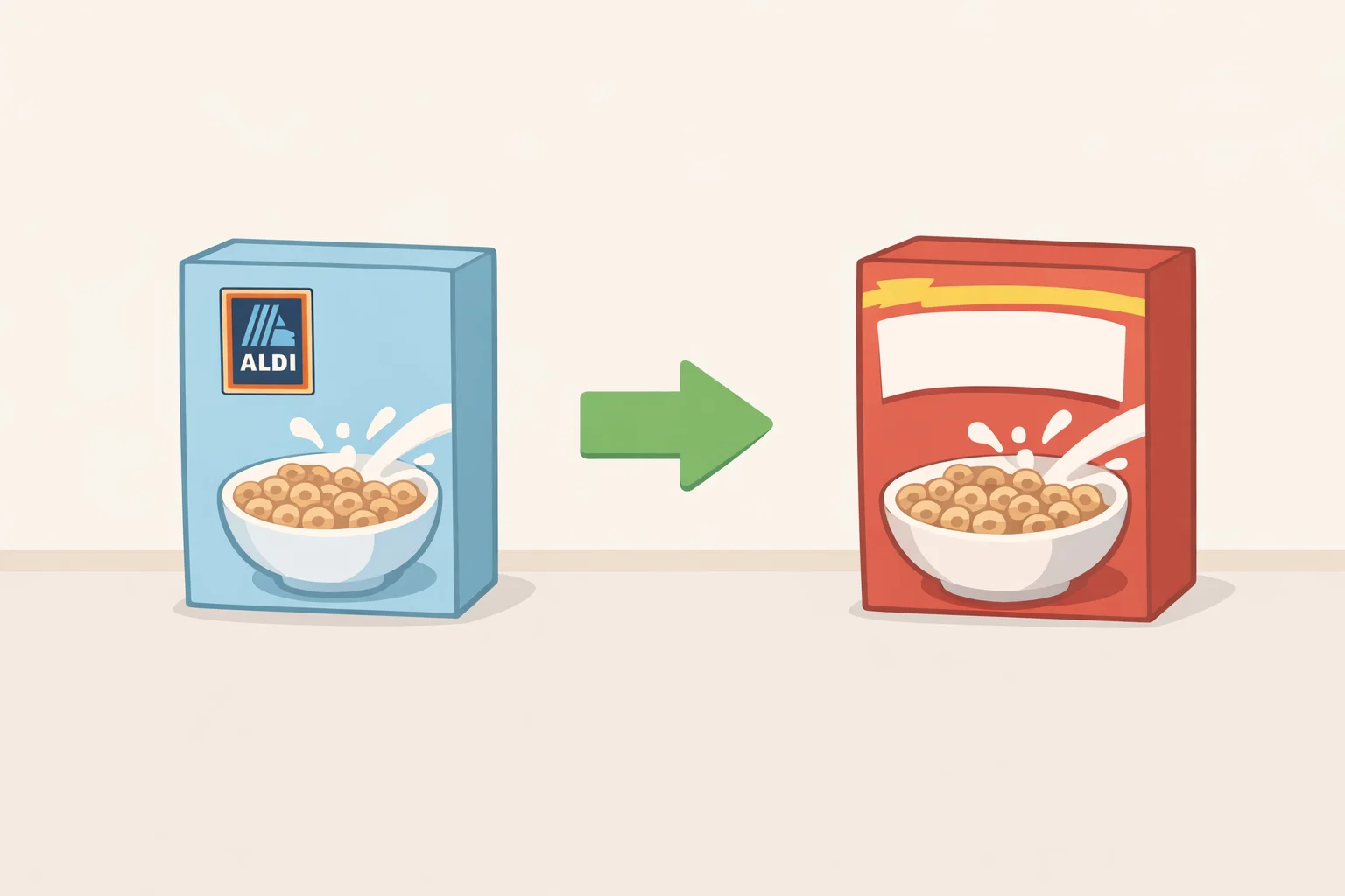 Illustration of a shopping cart where an out-of-stock Aldi private-label item is substituted with a different brand and size, showing why the replacement can cost more