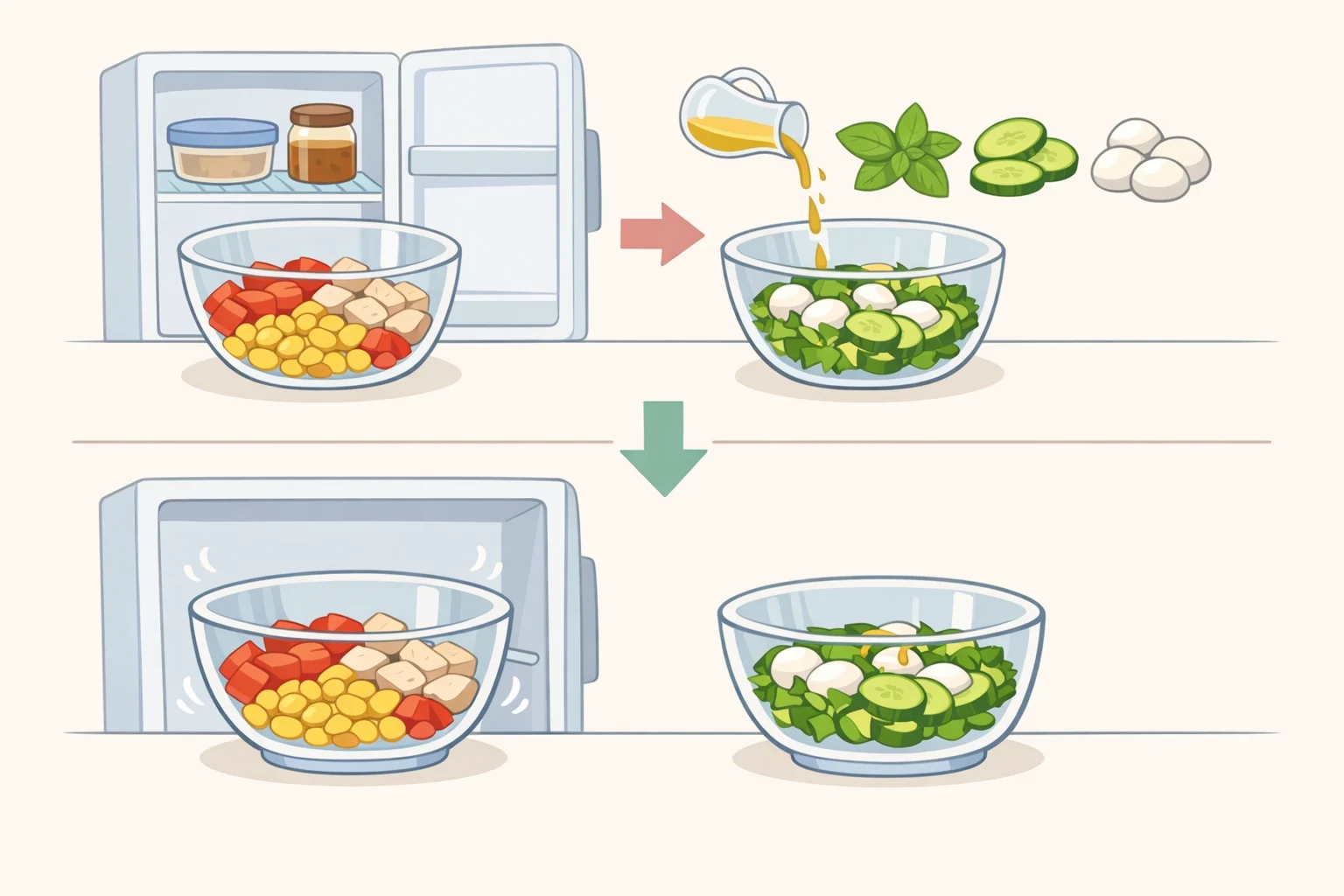 Plate and bowl layout showing sturdy ingredients (bell peppers, olives, red onion, chickpeas) mixed in before chilling and delicate items (basil, cucumbers, fresh mozzarella) added only at the second dressing round to avoid sogginess and browning