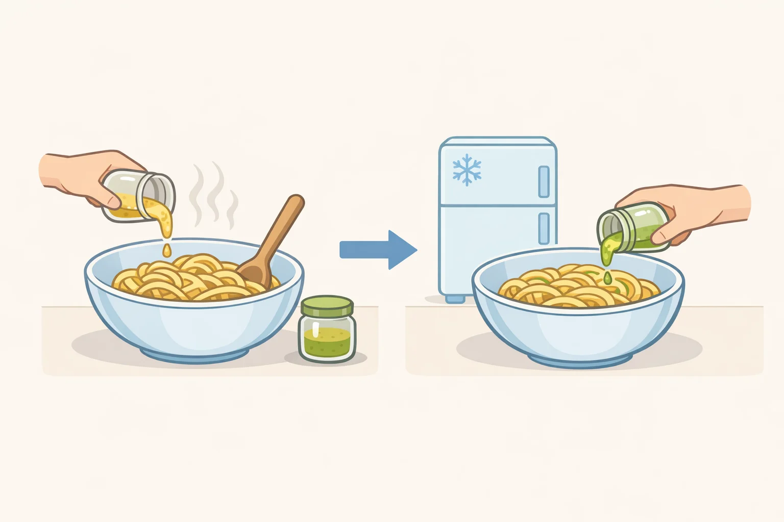 Step-by-step photo of a mixing bowl where warm pasta is tossed with half the dressing, then after chilling the bowl is reopened and the reserved dressing is stirred in until the salad looks glossy, not dry