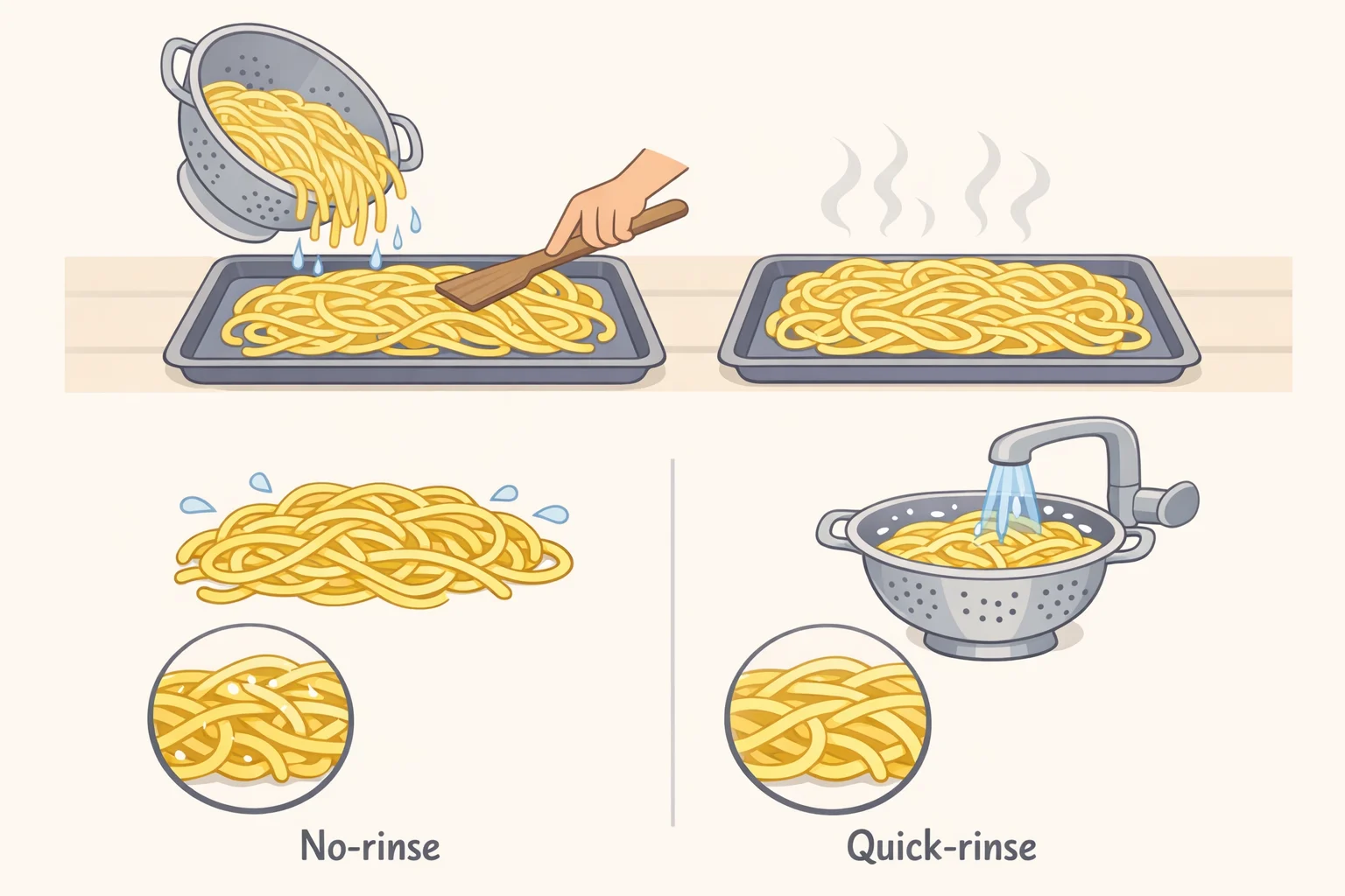 Two-pan comparison showing drained pasta spread in an even single layer on a rimmed sheet pan with light olive oil (no rinse) versus a bowl piled up after rinsing that looks wetter, illustrating how to make pasta salad taste better