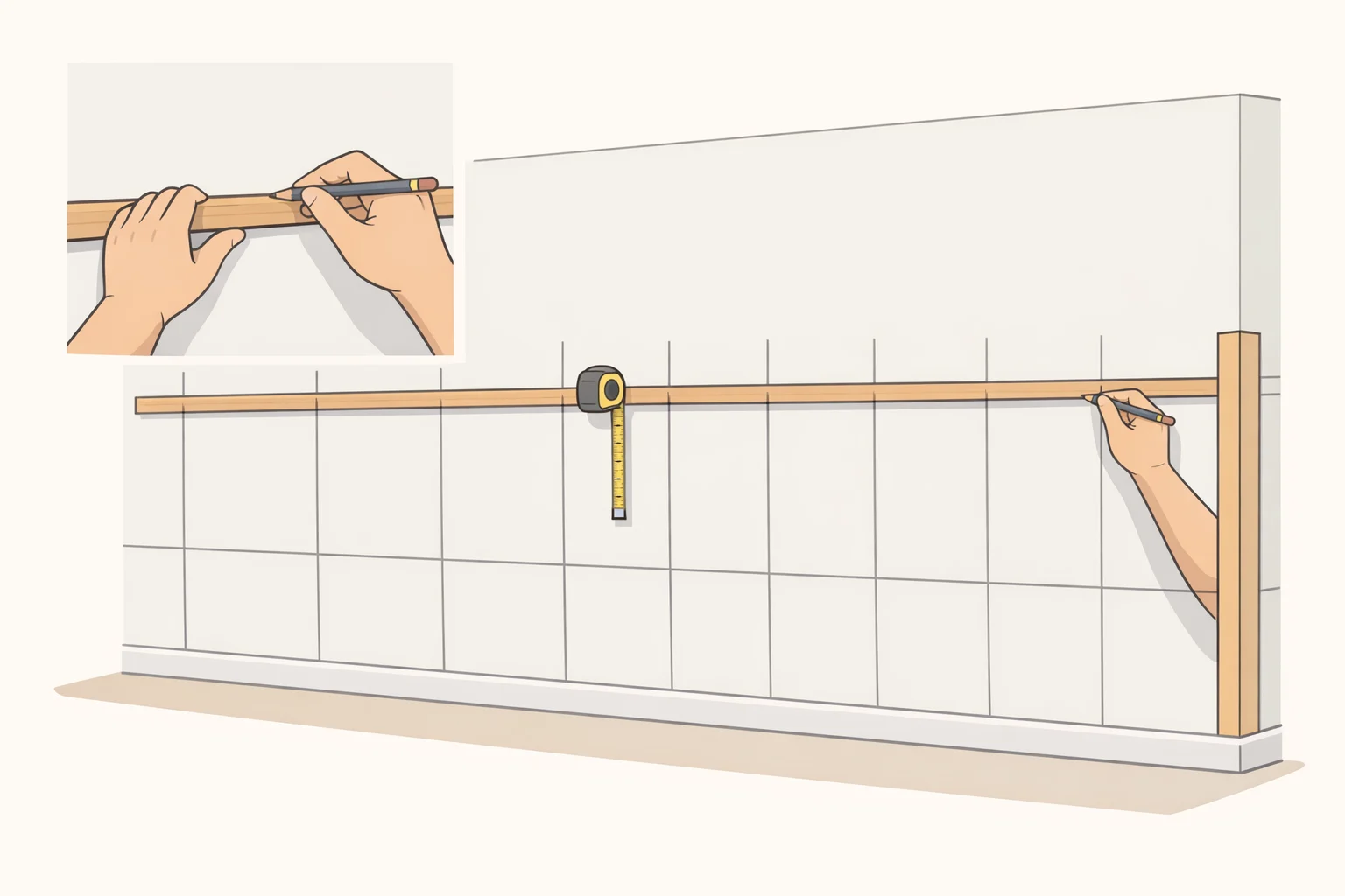 Wall layout illustration with a gauge stick set to 36–42 inches, pencil markings for top rail, corner stiles, and evenly spaced vertical battens to create symmetrical faux board and batten panels
