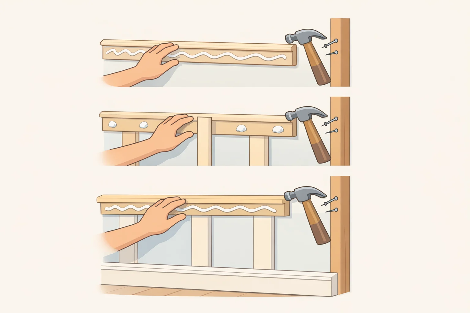 Step-by-step installation illustration showing bottom rail glued to the baseboard, top rail nailed along the height line, vertical battens pressed in place, and a mitered bullnose top cap secured at corners