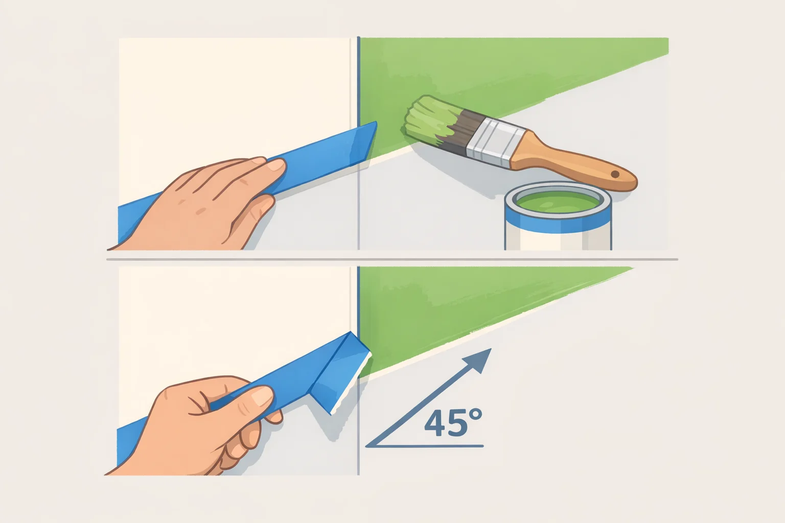 Painting guide illustration showing painter's tape applied over trim edges, primer and finish coats on panel surfaces, and tape being pulled back at a 45-degree angle for clean board-and-batten boundaries