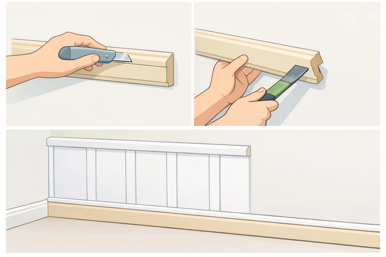 Before-and-after style diagram of a faux board and batten dining room wall showing chair rail removal (scored paint line and pry bar access) versus leaving the baseboard in place for the bottom rail to seat on