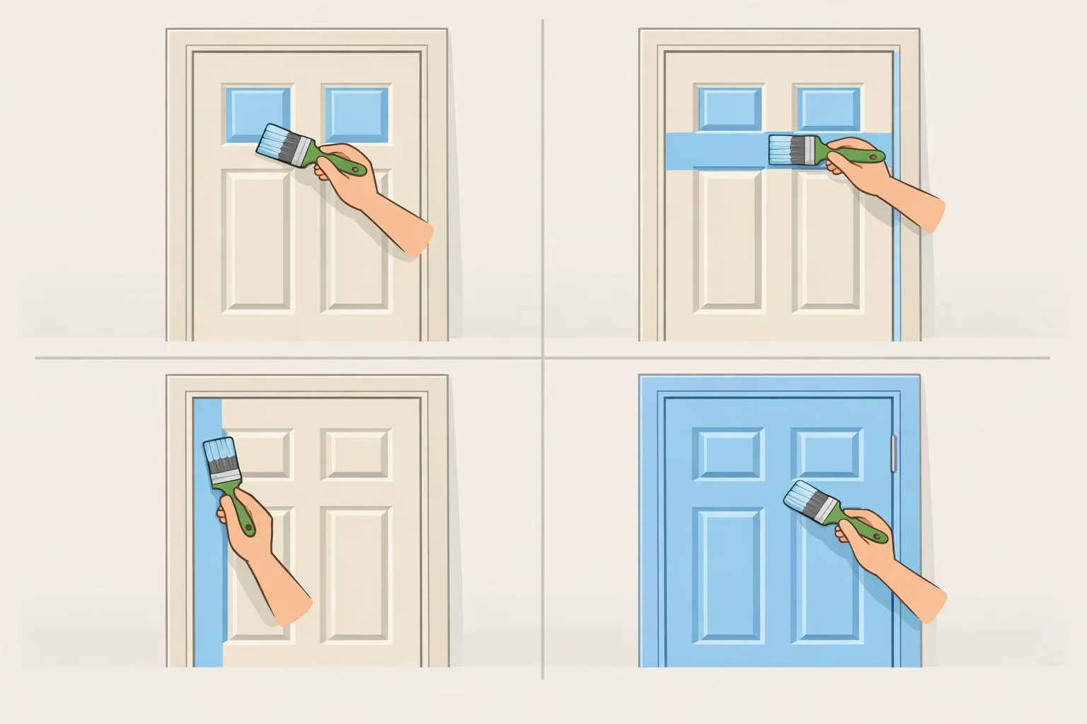 Diagram of the correct painting sequence for a paneled front door: recessed panels, horizontal rails, vertical stiles, then outer edges