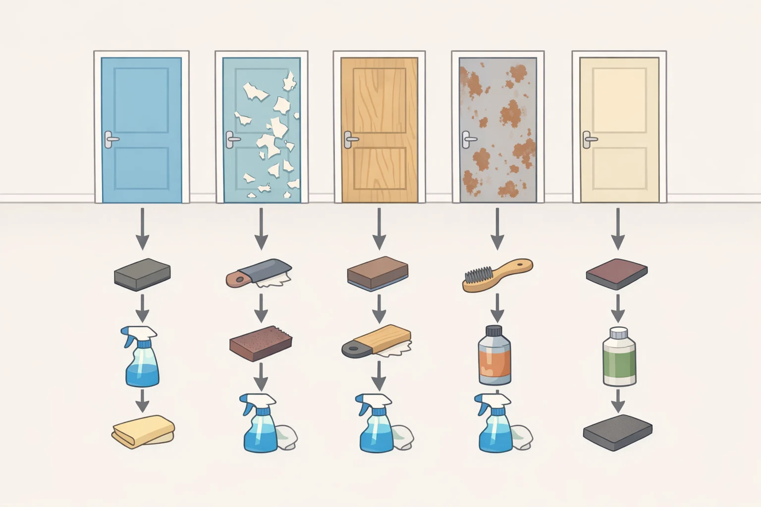 Decision chart for how to paint a front door: assessing sound existing paint, peeling edges, bare wood, rusted steel, and fiberglass before sanding and priming