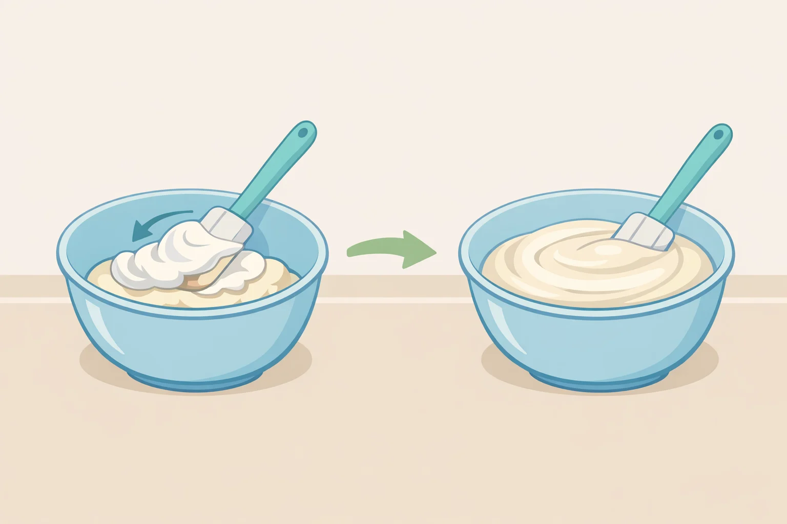 Illustration of a bowl with cold mascarpone and condensed milk being folded with whipped heavy cream to form a uniform, thick filling without over-mixing