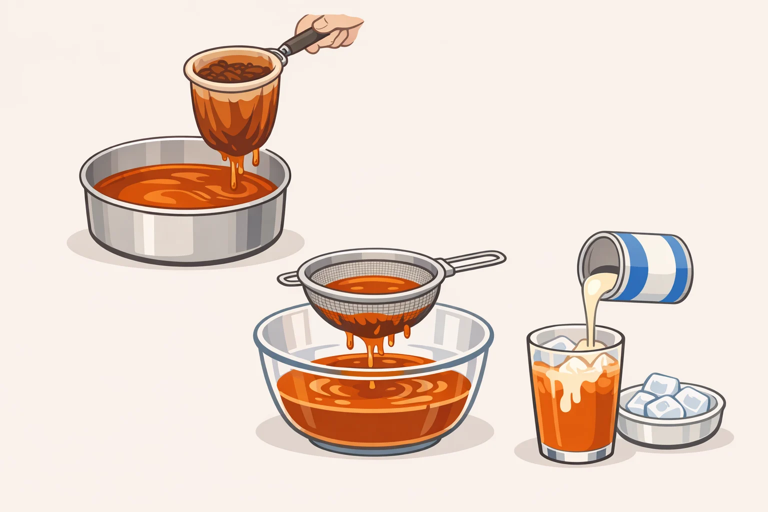 Illustration of steeped loose-leaf Thai tea turning deep rust-orange in water, then being strained through a fine-mesh strainer to create the tea concentrate for a thai tea tiramisu recipe