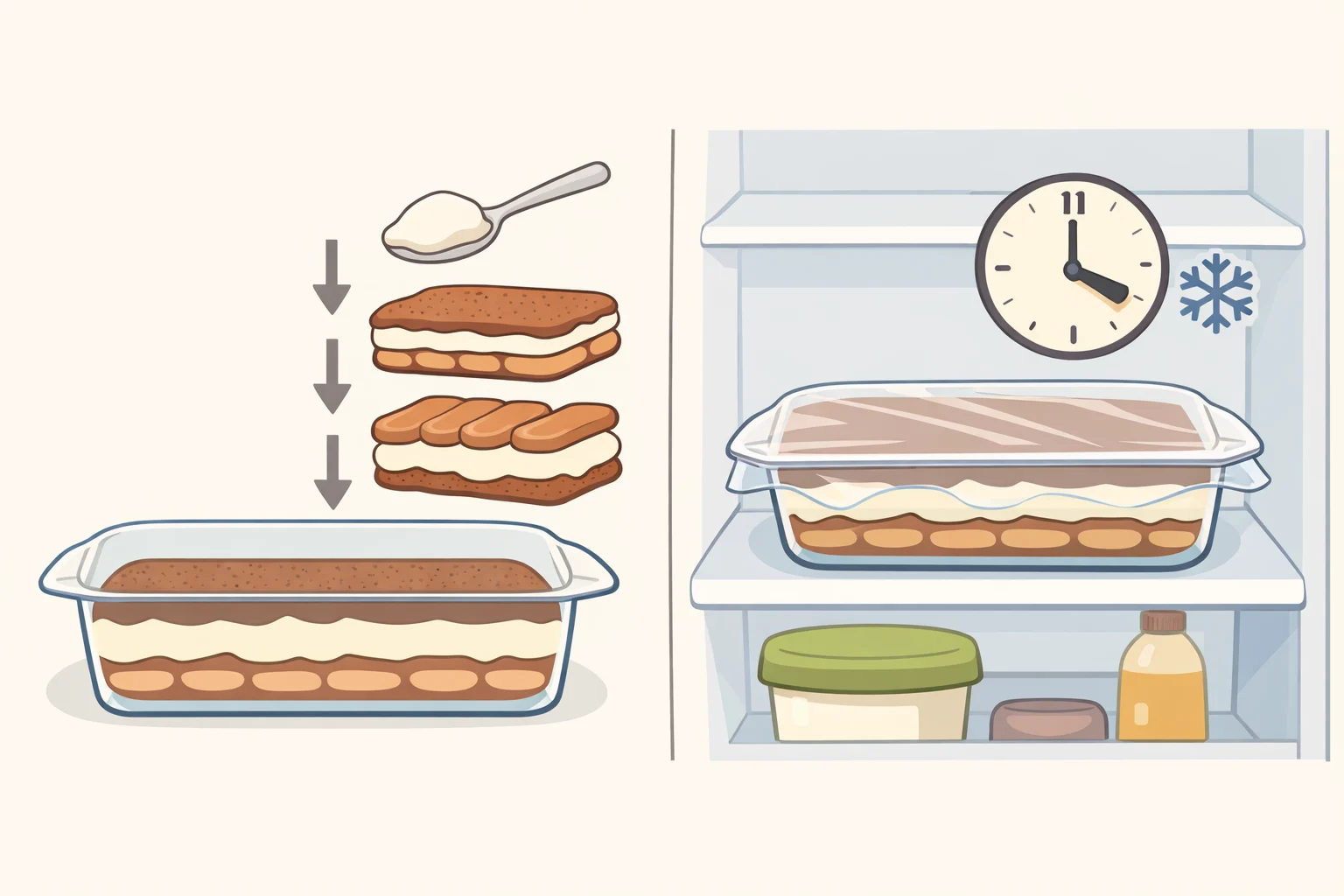 Illustration of a layered no-bake Thai tea tiramisu in an 8x8 dish covered with plastic wrap, then chilled so the layers consolidate for clean slicing