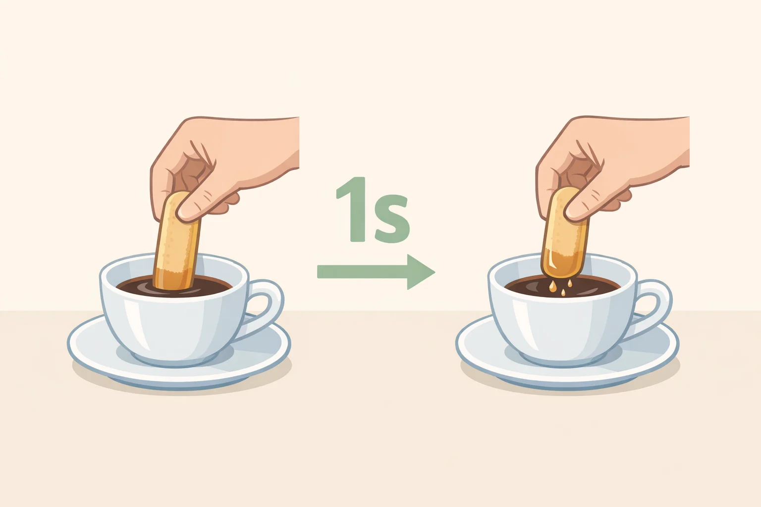 Illustration of savoiardi-style ladyfingers being dipped and turned once in shallow Thai tea concentrate, showing the cookie removed quickly to avoid oversoaking