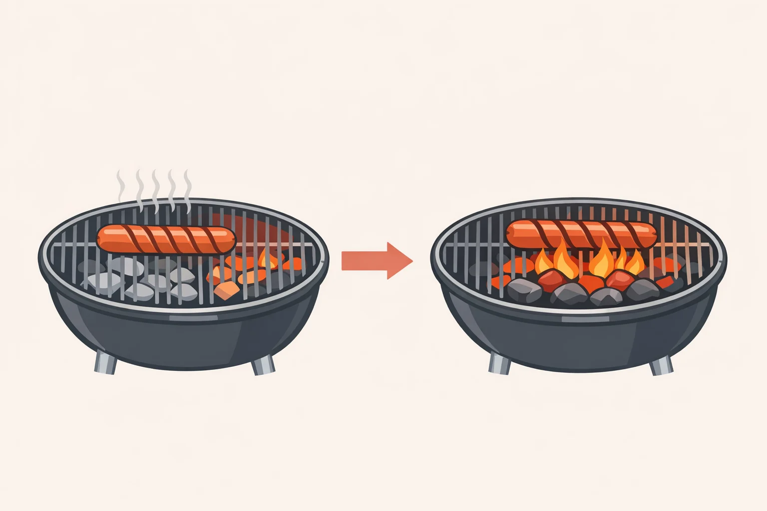 Illustration of a two-zone grill with a spiral-cut frank warmed on the cool side under 350°F and then finished briefly on direct heat for browning