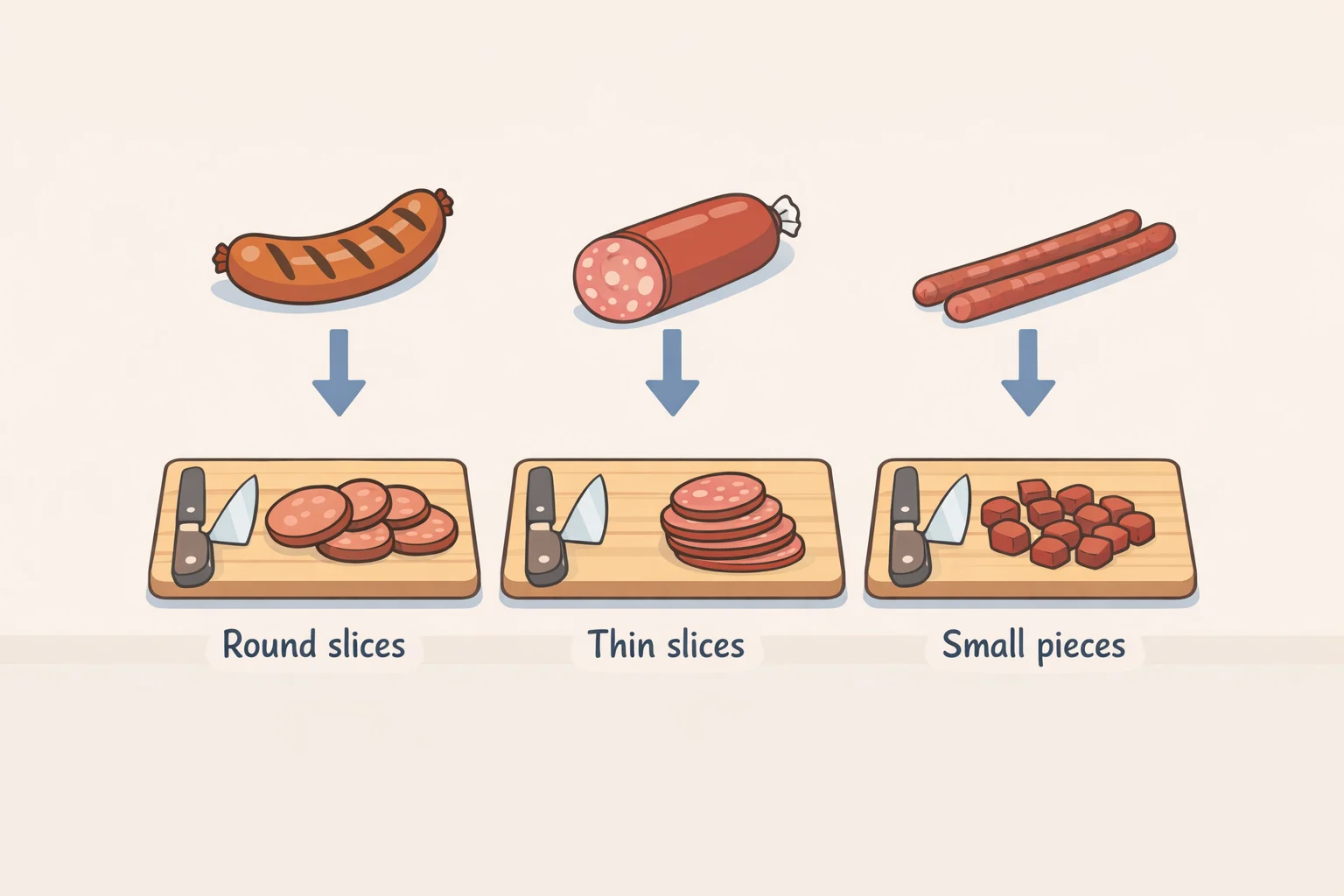 Illustration of a decision guide chart showing which sausages to spiral cut, which to shallow slash, and which to leave intact for grilling