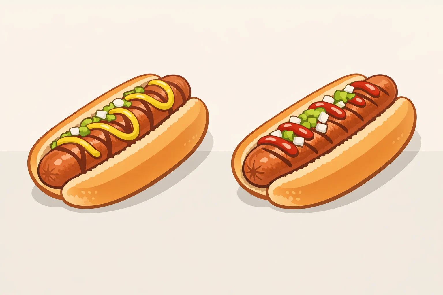 Illustration comparing a spiral-cut hot dog with raised ridges versus a shallow-slashed hot dog showing more uniform surface browning and different topping channels