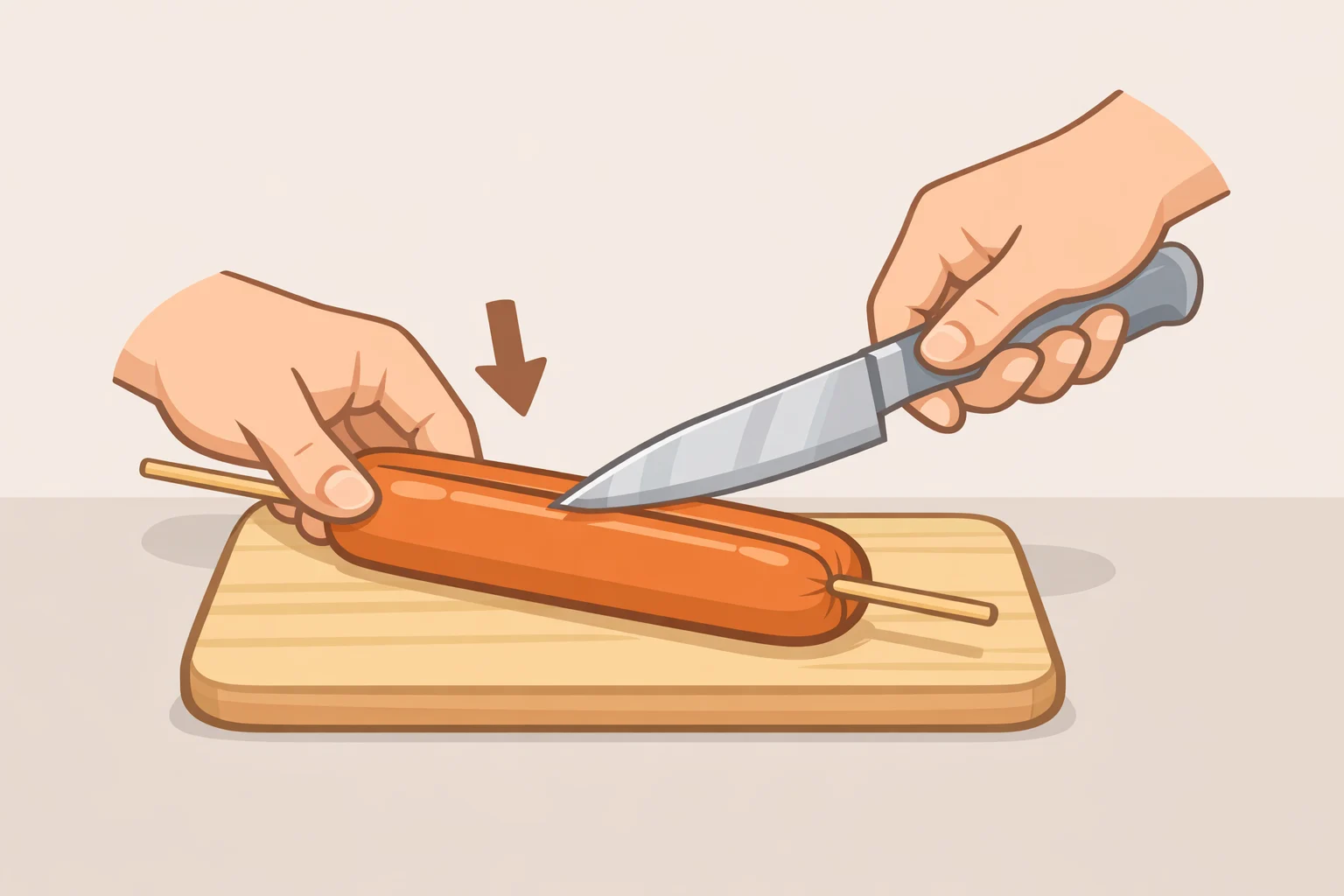 Illustration of how to spiral cut hot dogs using a skewer as a depth guide, with the skewer running lengthwise through the center