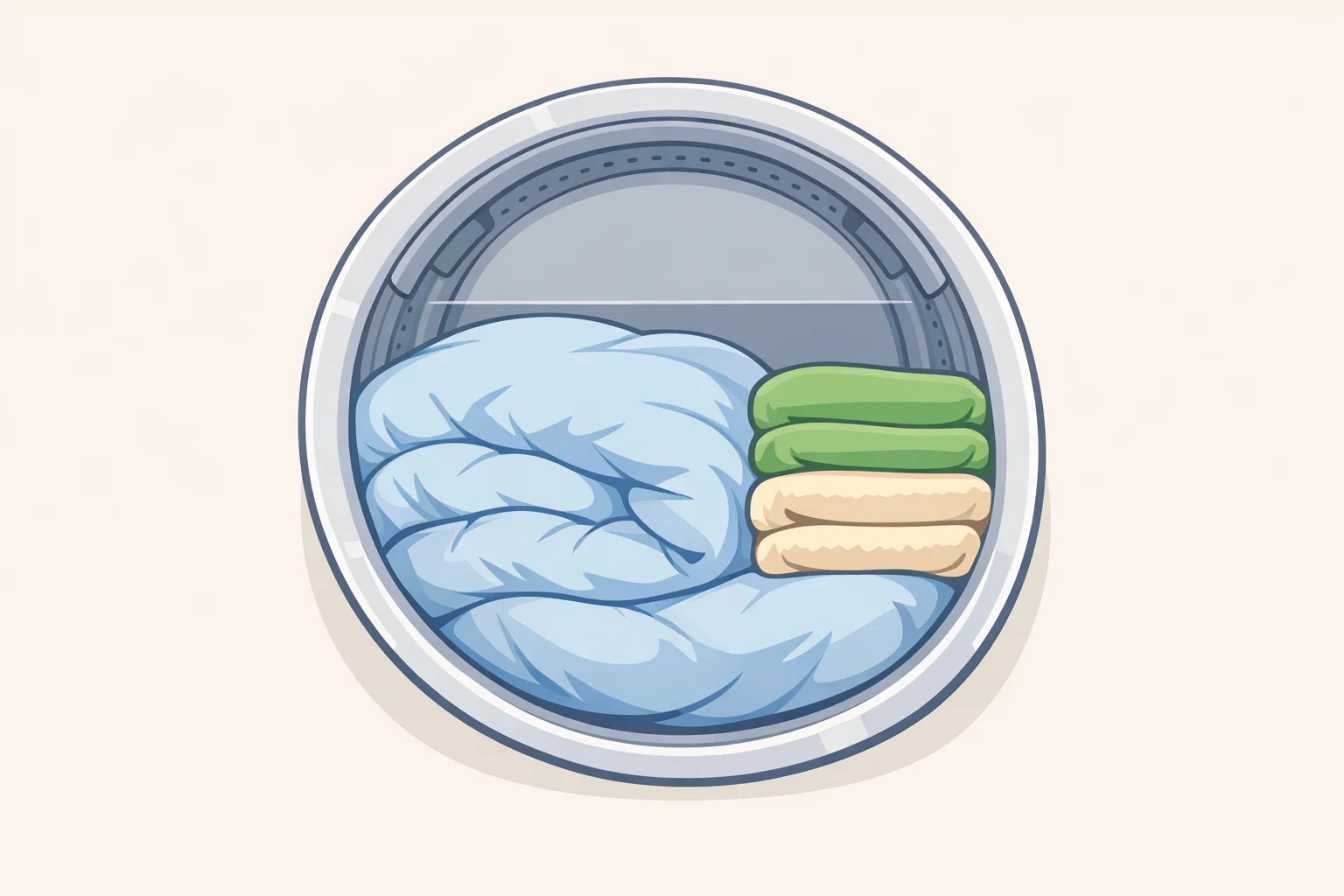 Illustration of a washing machine loaded with bulky bedding (comforter or blanket) at half to two-thirds full, leaving headroom for items to expand when wet