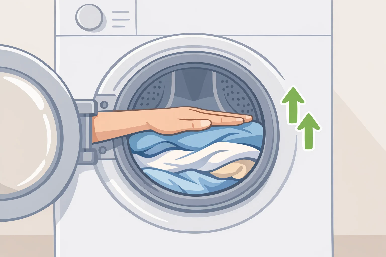 Illustration of a washer drum where a hand can slide side to side with room to spare, answering how full should a washing machine be before starting a cycle