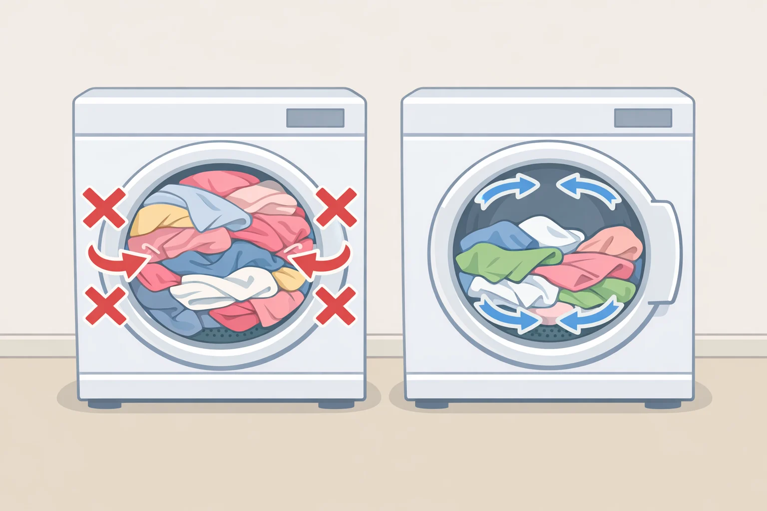 Illustration comparing an overloaded dryer with restricted airflow (clothes not tumbling) versus a loosely loaded dryer with clothes spreading out to dry evenly