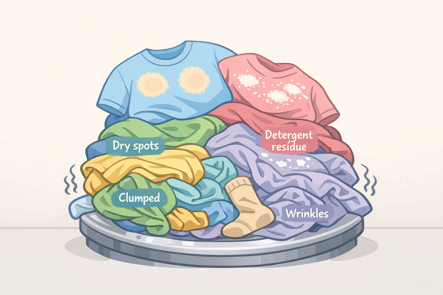 Illustration of clothes coming out of an overloaded washer with visible dry spots and detergent residue, plus excess wrinkling and clumping