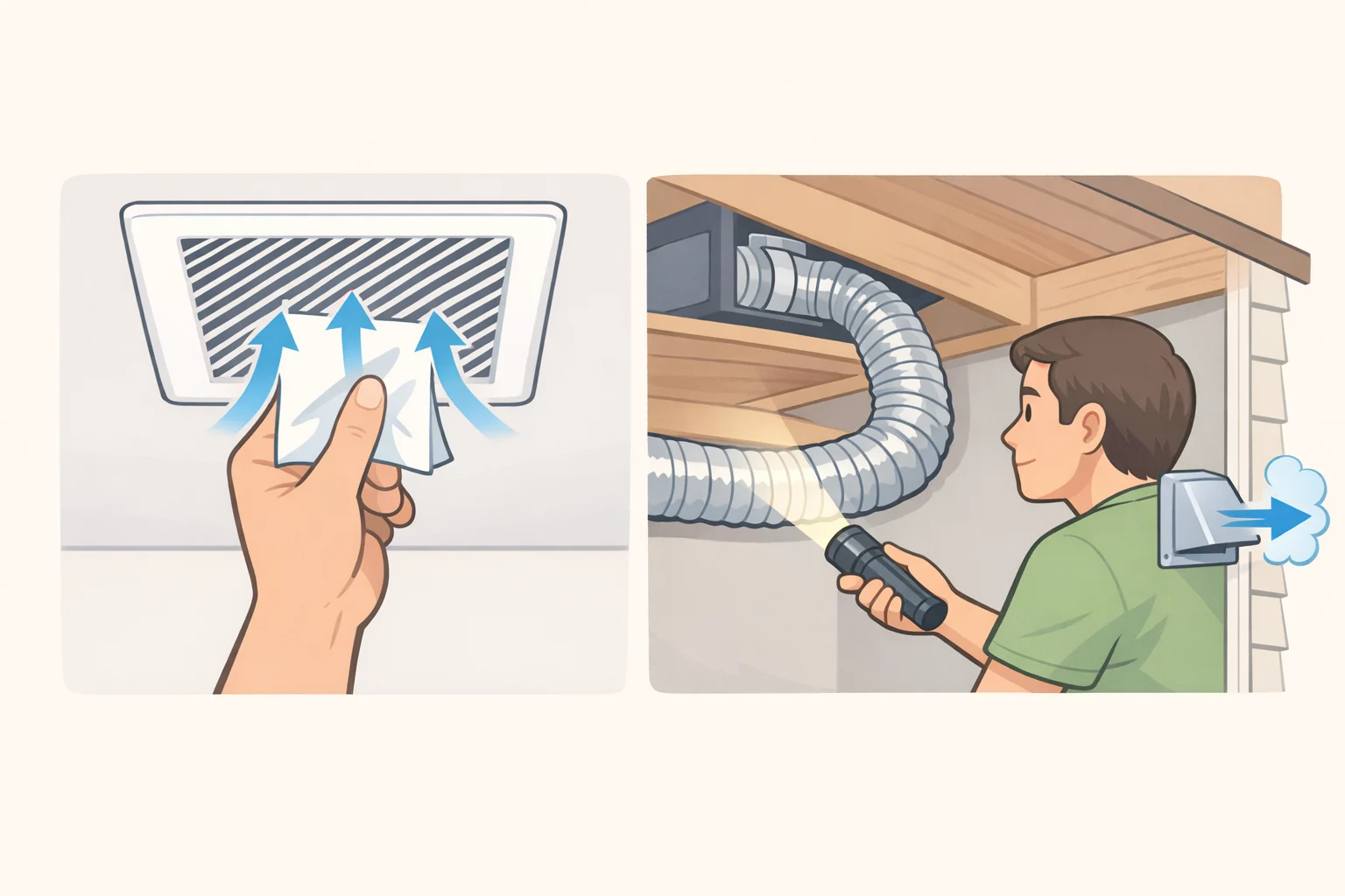 Illustration of a homeowner holding a tissue at a windowless bathroom exhaust fan grille while tracing the duct to an exterior wall cap with a backdraft damper