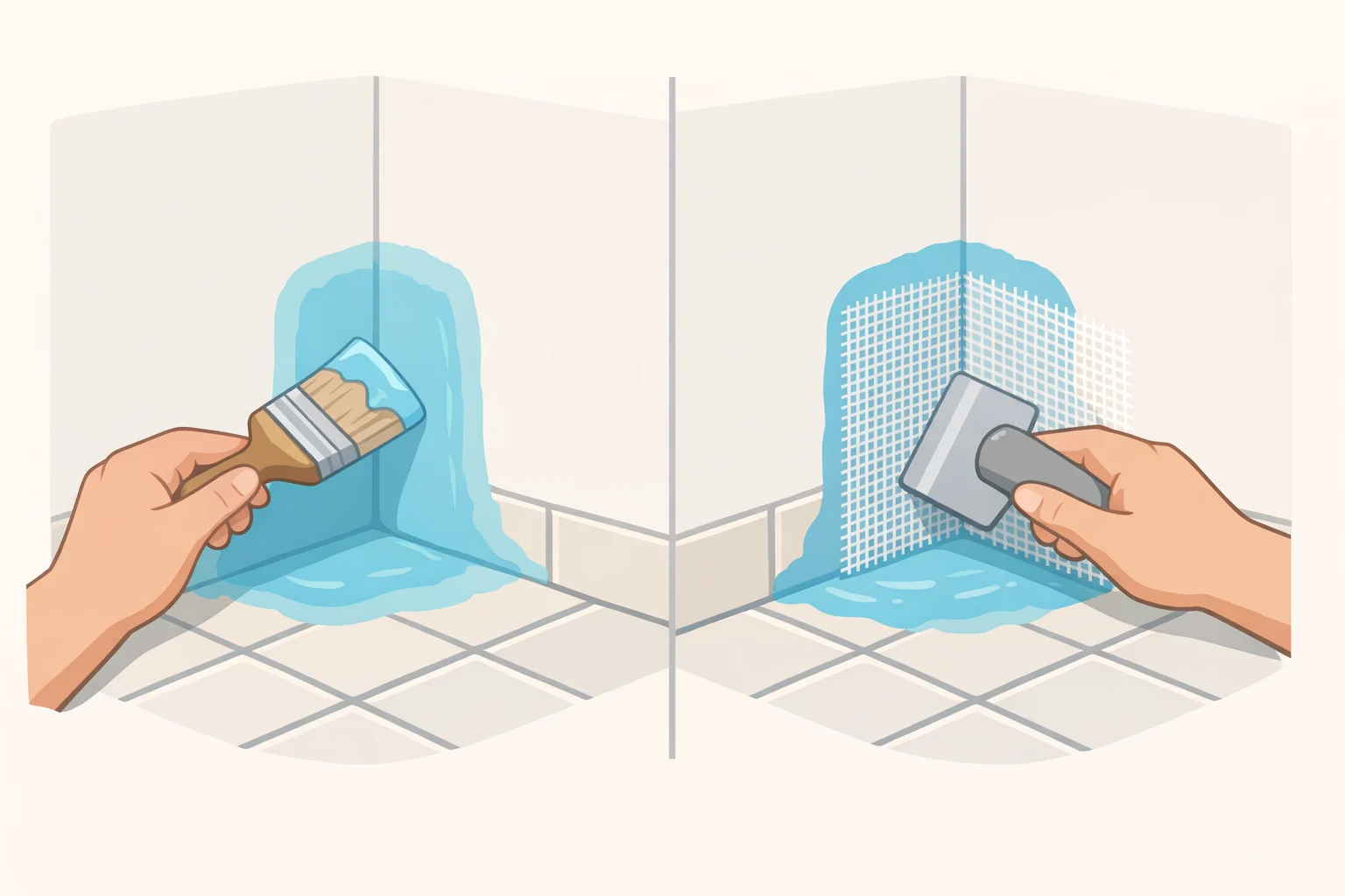 Illustration of waterproofing a windowless bathroom remodel ideas wet-zone wall with liquid membrane and fiberglass mesh at floor-to-wall corners