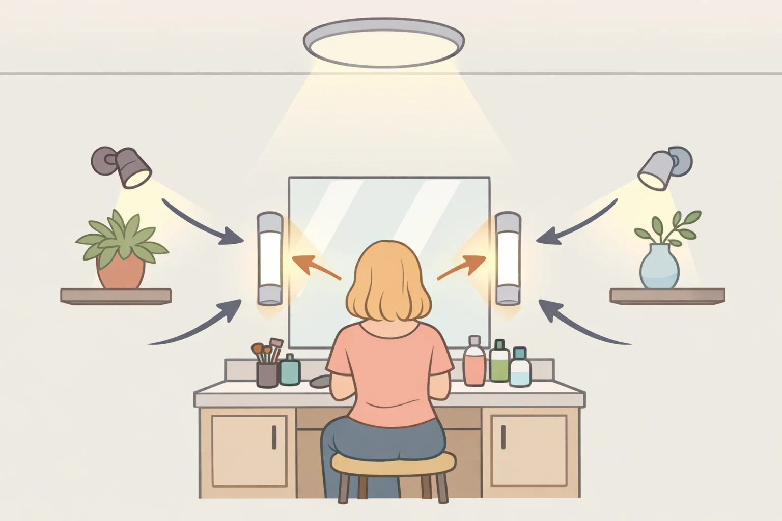 Illustration of layered lighting in a small windowless bathroom showing ambient overhead light, vanity task lights, and optional wall-accent lighting