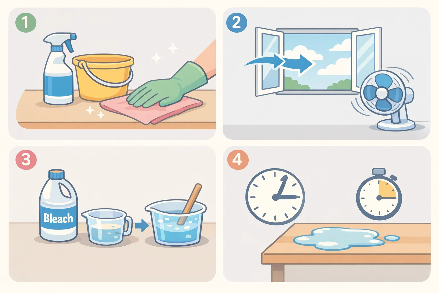 Illustration of a seven-step checklist workflow for safe bleach use: clean first, ventilate before mixing, check the label, mix fresh, apply alone with water only, keep wet for contact time, and rinse or store as directed.