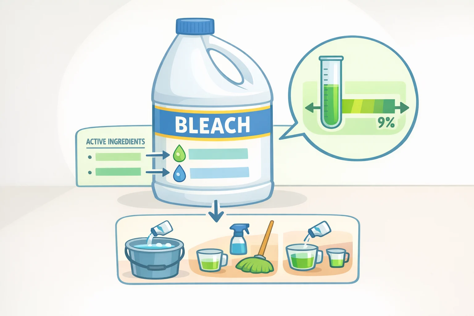 Illustration of a bleach label with the 'active ingredients' section circled, showing sodium hypochlorite highlighted in the 5%–9% range and the dilution/contact-time instructions.
