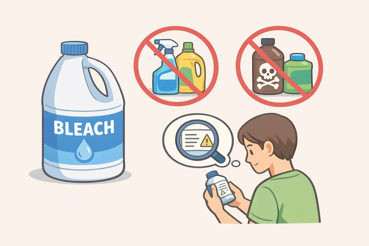 Illustration of a bleach bottle next to other cleaning products with a crossed-out mixing symbol to reinforce bleach mistakes to avoid, including the hazard of ammonia-containing cleaners.