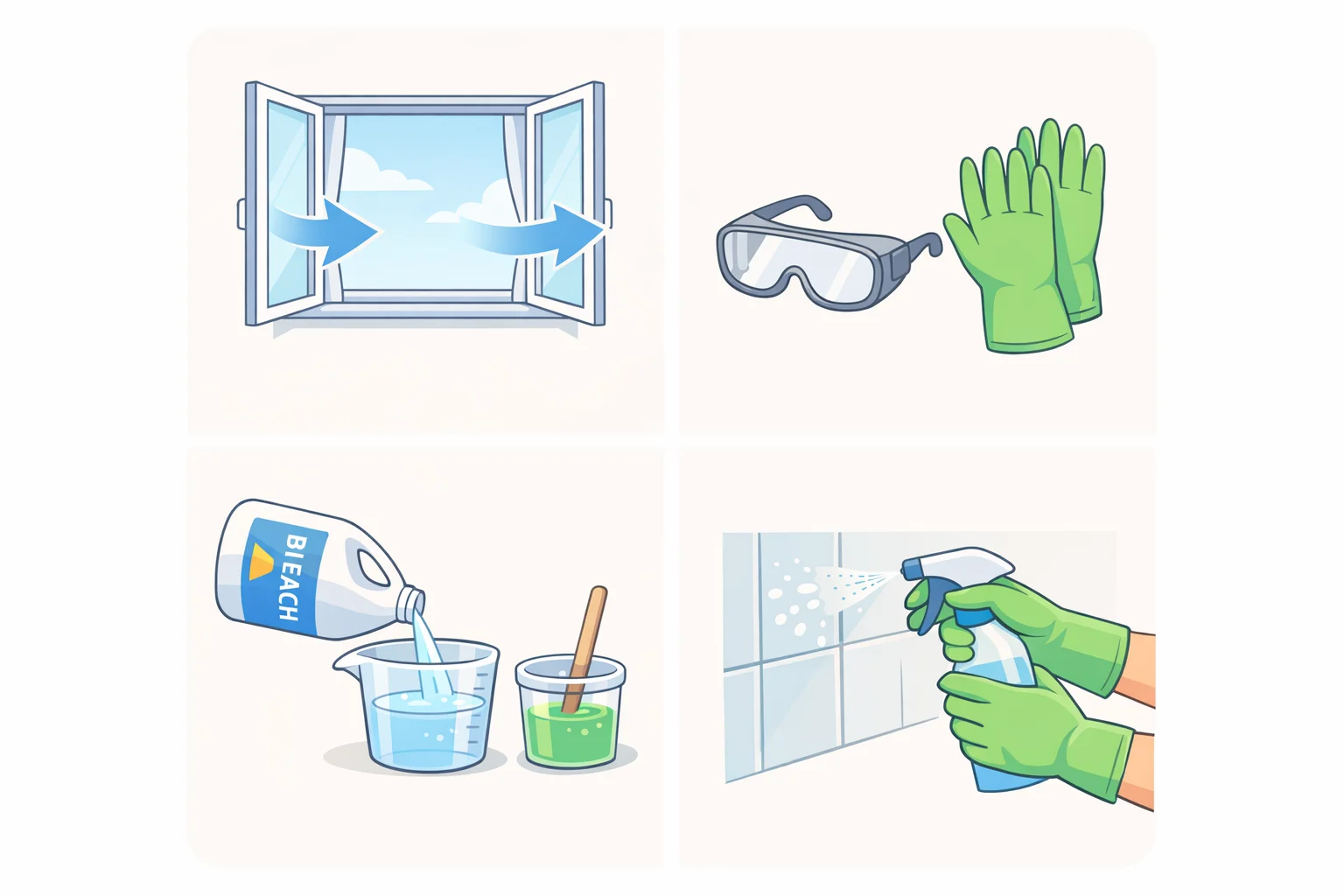 Illustration of a person opening a window and door before mixing bleach, wearing rubber gloves and eye protection in an indoor bathroom cleaning scenario.