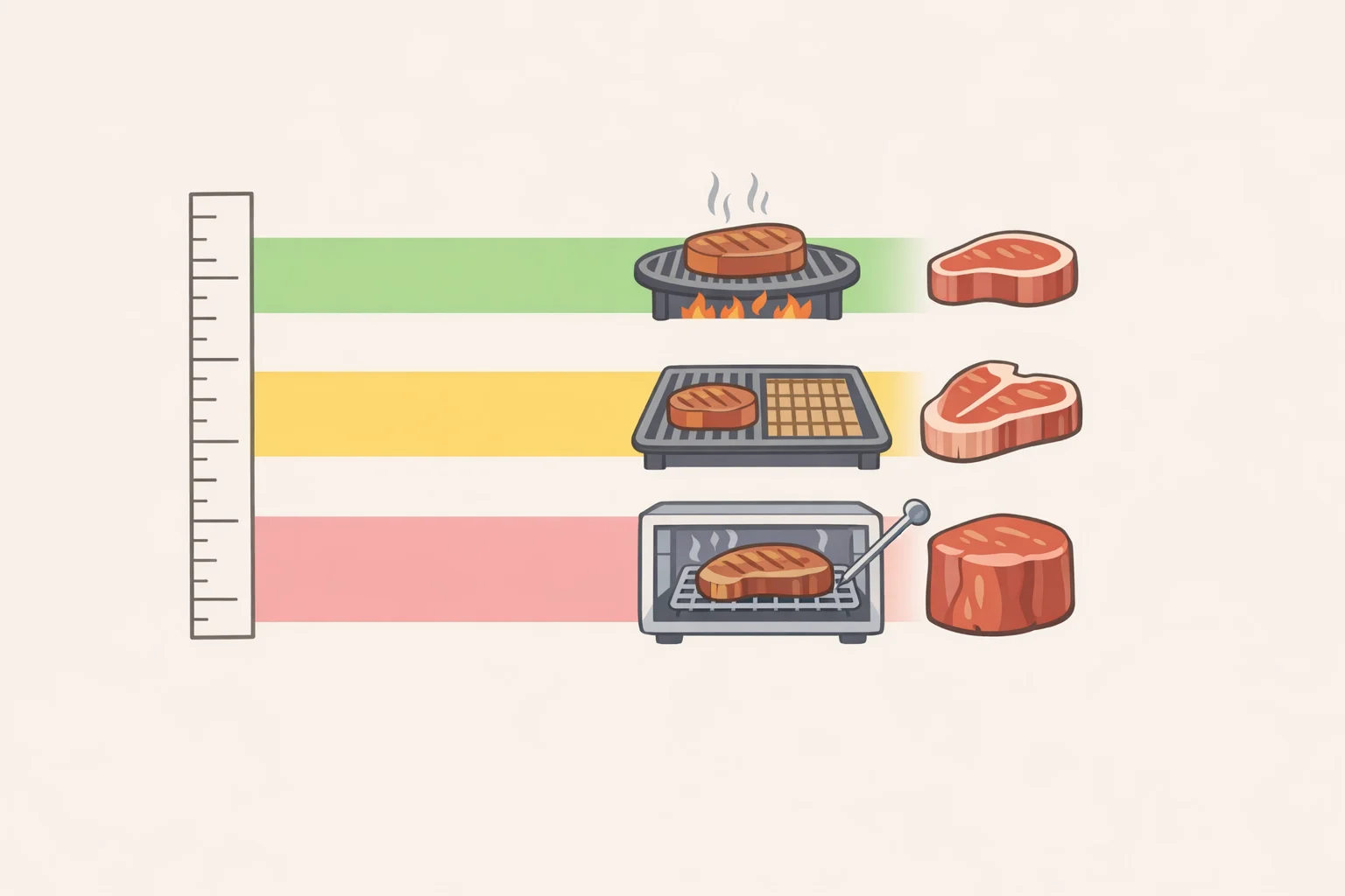 Chart for thickness-first grilling: under 3/4-inch direct heat for flank and skirt, 1 to 1.5 inches two-zone sear-and-finish, and over 1.5 inches reverse sear for thick ribeye and tomahawk