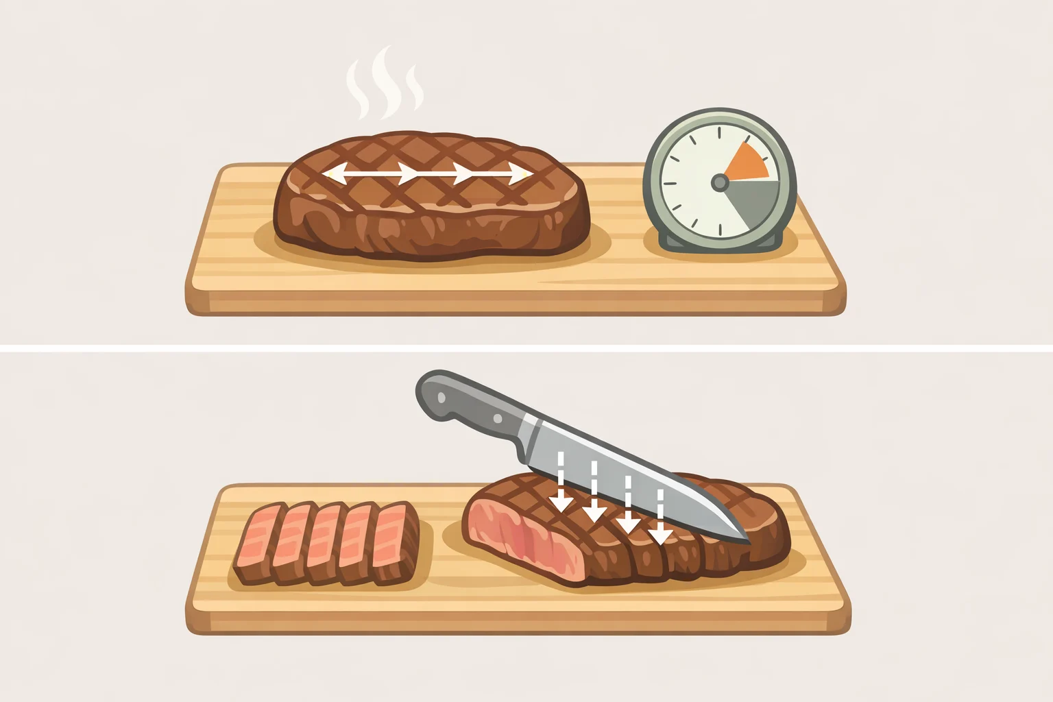 Illustration of a rested grilled steak being sliced against the grain with a clear view of muscle fiber direction and a note on appropriate rest time by thickness