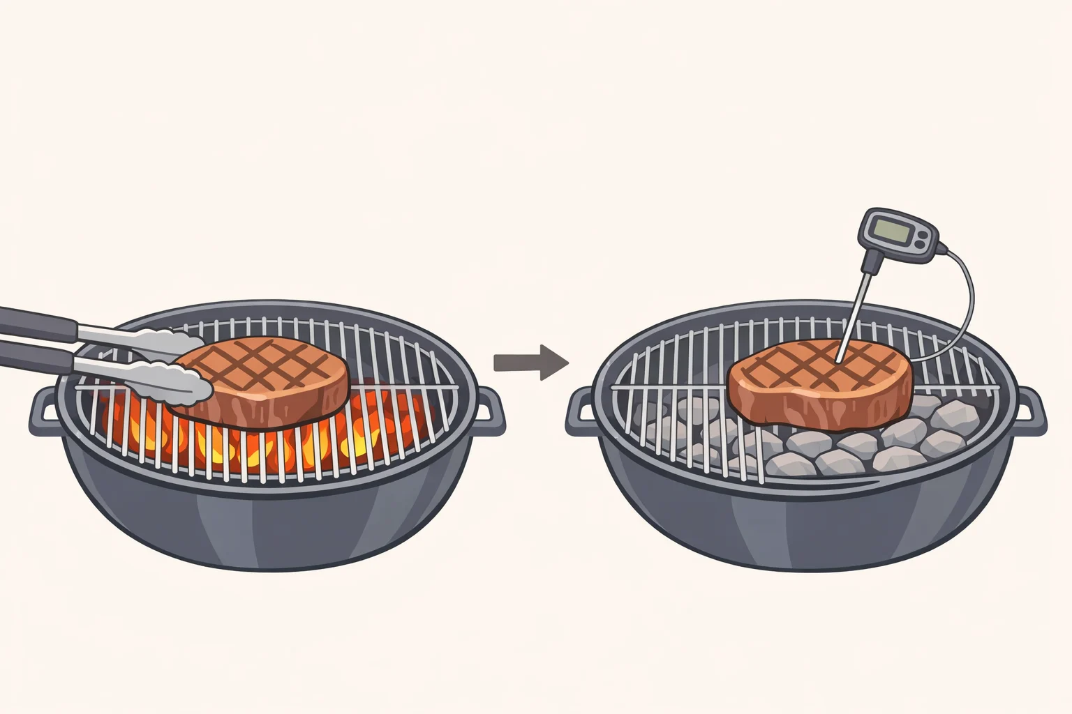 Diagram of a two-zone grill with a hot side and cool side, plus a thermometer inserted into the thickest part of the steak away from bone and fat pockets