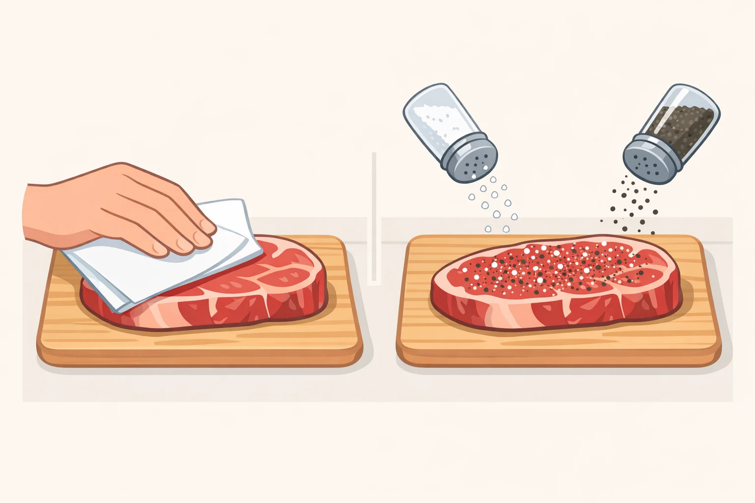 Close-up of a steak being patted completely dry with paper towels and seasoned with kosher salt and cracked black pepper before learning how to grill steak
